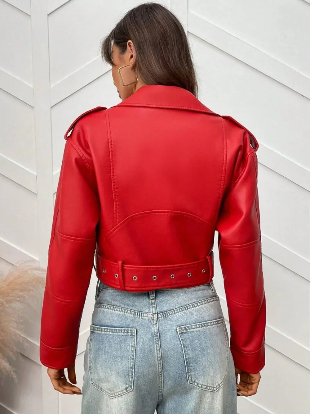 Red Casual Women's Minimalist Zip-Up faux leather Short Jacket - Picture 4 of 7